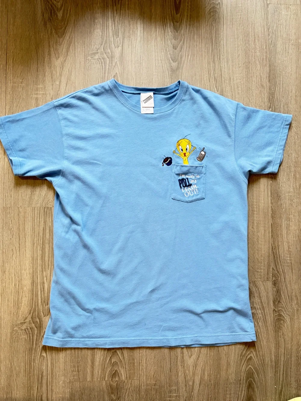 Vintage Warner Bros Studio Tweety Bird Embroidered Pocket T-Shirt Blue Sz L